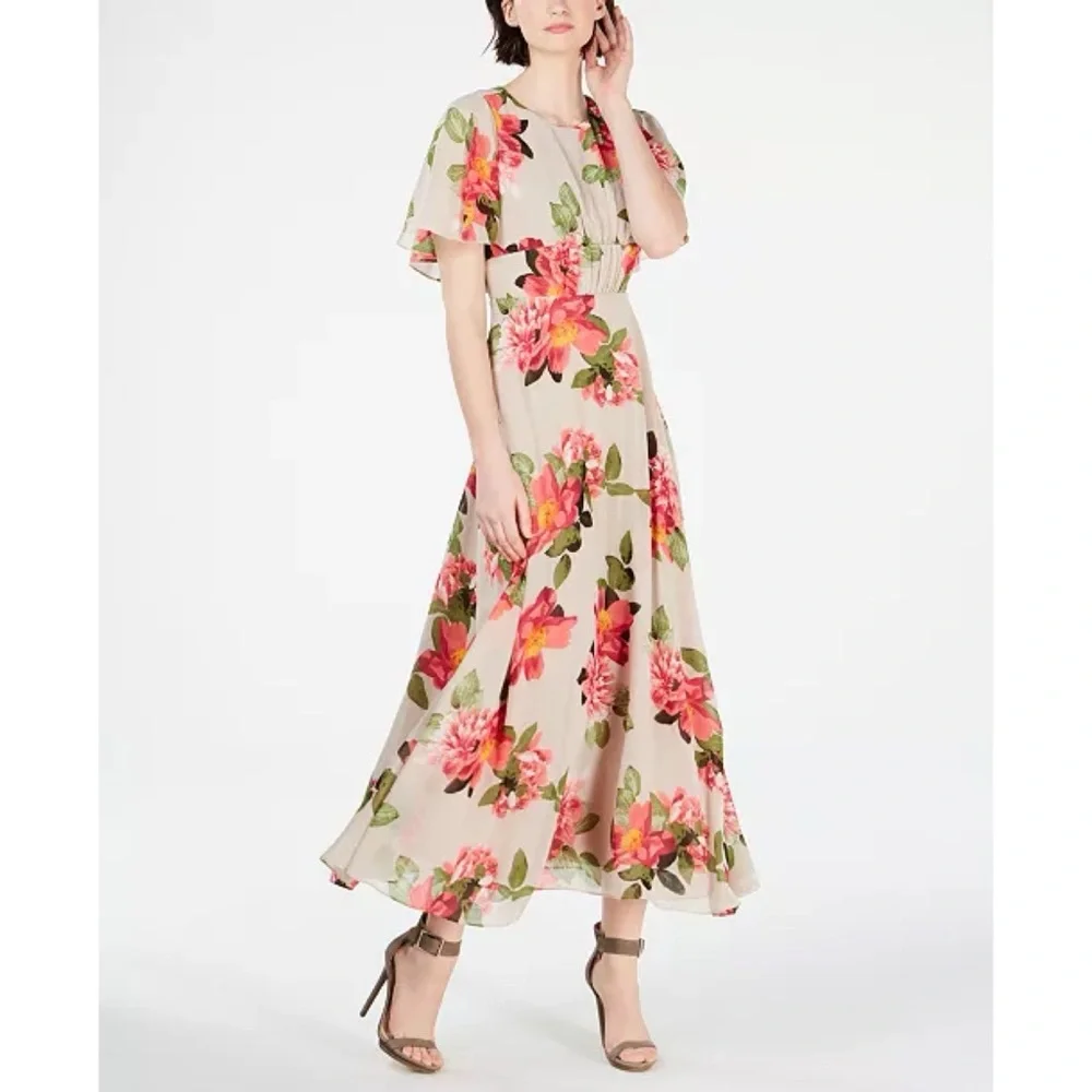 Calvin Klein Floral Printed Capelet Maxi Dress Evening Cocktail Wedding Guest - Picture 1 of 11